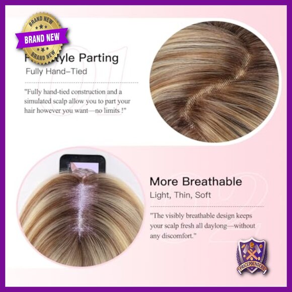 14 Inch Human Hair Topper for Thinning Hair, Hand-Tied Base with Non-Slip Clips main image 5